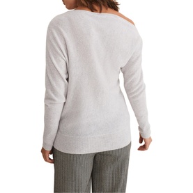 Model wearing Phase Eight Sienna Wool Cashmere Asymmetric Sweater in grey, long sleeve with slash neckline, styled with grey ribbed trousers
