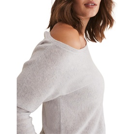 Model wearing Phase Eight Sienna Wool Cashmere Asymmetric Sweater in grey, with slash neckline and long sleeves visible