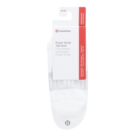 Lululemon Power Stride Tab Socks in white, shown in packaging with ventilation detail and tab design visible