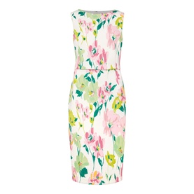 Phase Eight Effie Floral Scuba Dress in cream with pink and green floral print, sleeveless, boat neckline and overlay detail