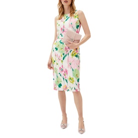 Model wearing Phase Eight Effie Floral Scuba Dress in cream with pink and green floral print, sleeveless