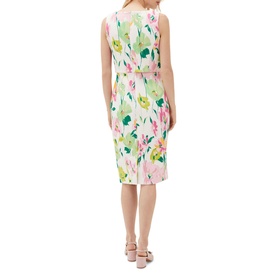 Model wearing Phase Eight Effie Floral Scuba Dress in cream with pink and green floral print, sleeveless overlay detail, shown from the back