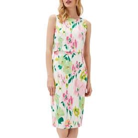 Model wearing Phase Eight Effie Floral Scuba Dress in cream with pink and green floral print, sleeveless, boat neckline and overlay detail