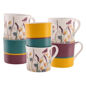 Belleek Dreamy Meadow Mugs Set of Six in multi, featuring floral meadow print with teal, yellow, and plum colour bands, stacked in two rows