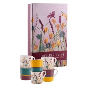 Belleek Dreamy Meadow Set of Six Mugs in multi-coloured china with floral design, shown stacked beside illustrated gift box