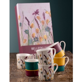 Belleek Dreamy Meadow Mugs Set of Six in multi colourways with floral design, shown stacked beside decorative gift box packaging