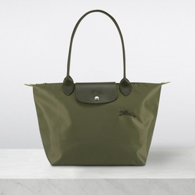 Longchamp Le Pliage Green Medium Tote in khaki recycled canvas, silver-tone hardware, flap button fastening, embroidered horse logo, short top handles