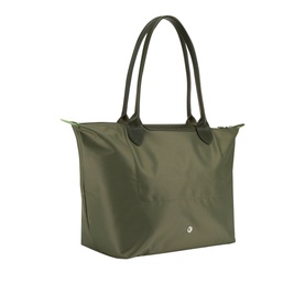 Longchamp Le Pliage Green Medium Tote in khaki recycled canvas, dark leather top handles, silver-tone hardware and flap fastening