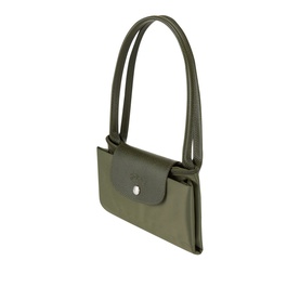Longchamp Le Pliage Green Medium Tote in khaki, top handles, silver-tone button fastening, recycled canvas with leather trim