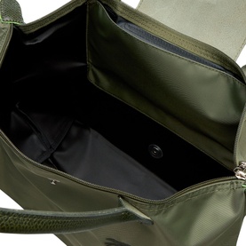 Longchamp Le Pliage Green Medium Tote in khaki, open top view showing black interior lining and zip pocket detail