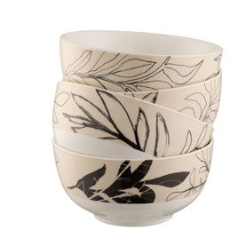 Aynsley Minimal Flora Bowls Set of 4 in cream china with black botanical leaf print, stacked, 13.9cmD x 7cmH