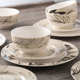 Aynsley Minimal Flora Bowls Set of 4 in cream china, shown with matching plates from the range, featuring delicate black leaf line art