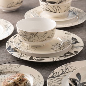 Aynsley Minimal Flora Bowls Set of 4 in cream china with black botanical line print, styled with matching plates and cups on a table