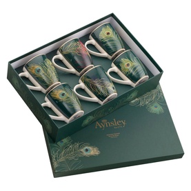 Aynsley Peacock Feather Set of 6 China Mugs in green gift hat box, featuring multicolour peacock feather design