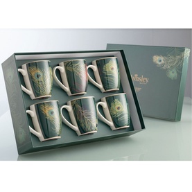 Aynsley Peacock Feather Set of 6 China Mugs in teal gift hat box, featuring multicoloured peacock feather designs