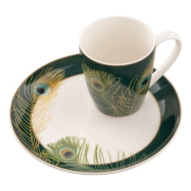 Aynsley Peacock Feather Mug and Tray Set in dark green and cream china with gold and green peacock feather design