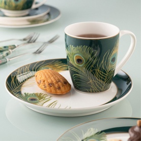 Aynsley Peacock Feather Mug and Tray Set in china with dark green and gold peacock feather design, shown styled with a madeleine on the tray