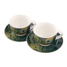 Peacock Feather Cappucino Cup and Saucer Set of 2