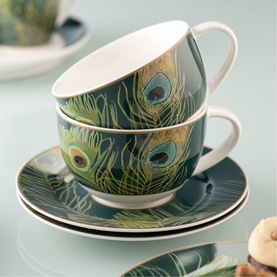 Peacock Feather Cappucino Cup and Saucer Set of 2
