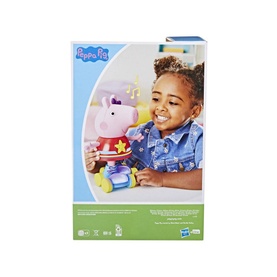 Peppa Pig Roller Disco Peppa multicoloured electronic figure toy shown with child playing, lights up with sounds and phrases