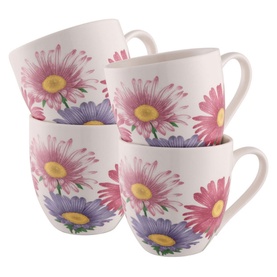 Belleek Wild Aster Set of Four Mugs in white china with pink and purple aster flower print and curved handles