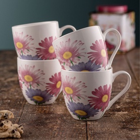 Belleek Wild Aster Set of Four Mugs in white china with pink and purple aster flower print, stacked on wooden surface