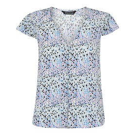Whistles Tulip Floral Top in multi, cap sleeve V-neck with frill detail and scattered floral print on white ground