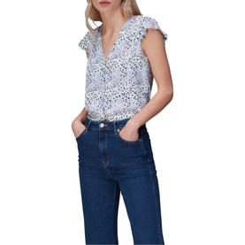 Model wearing Whistles Tulip Floral Top in multi, blue floral print, cap sleeves, frill detail, V-neck, styled with dark blue wide-leg jeans