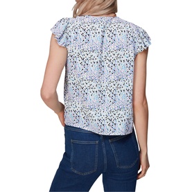 Model wearing Whistles Tulip Floral Top in multi, back view, showing cap sleeves and frill details, styled with blue jeans