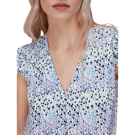 Model wearing Whistles Tulip Floral Top in multi, V-neck with cap sleeves and frill detail, abstract floral print in blue and black tones