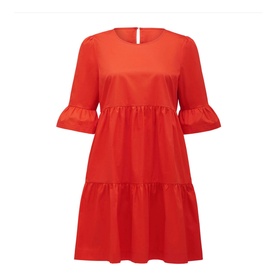 Forever New Matilda Cotton Smock Dress in red with frill cuffs, tiered skirt, round neck, and button back fastening