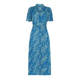 Whistles Seafoam Zebra Print Midi Dress in blue, short sleeves, V-neck, button front, self-tie waist belt, all-over zebra print
