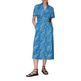 Model wearing Whistles Seafoam Zebra Print Midi Dress in blue with short sleeves, V-neck, belt waist, styled with black strappy sandals