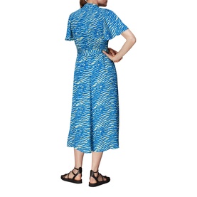 Model wearing Whistles Seafoam Zebra Print Midi Dress in blue, short sleeves, belted waist, styled with black strappy sandals