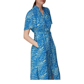 Model wearing Whistles Seafoam Zebra Print Midi Dress in blue, featuring short sleeves, V-neck, button front and waist belt