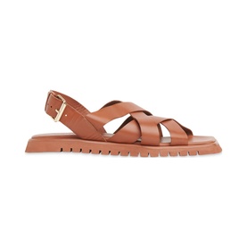 Whistles Ren Woven Sandals in brown leather, criss-cross straps, ankle buckle fastening, chunky flat EVA sole, open toe