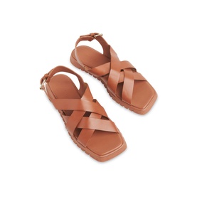 Whistles Ren Woven Sandals in brown leather with criss-cross straps, ankle buckle fastening, open toe, and flat EVA sole