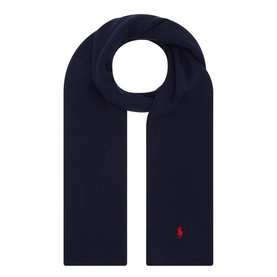 Ralph Lauren Signature Pony Scarf in navy wool, classic-cut wrap style with embroidered red polo pony logo detail