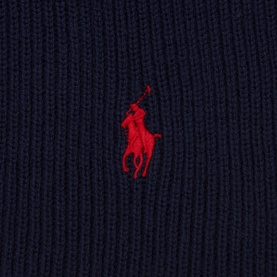 Ralph Lauren Signature Pony Scarf in navy wool, close-up of red embroidered polo pony logo on ribbed knit fabric