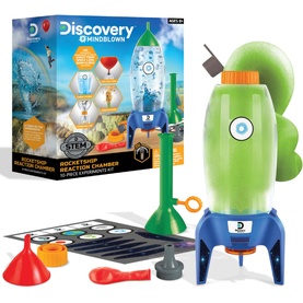 Discovery Mindblown Rocket Ship Reaction Chamber science kit with green rocket, launch pad, funnels, and experiment accessories in multi-colour