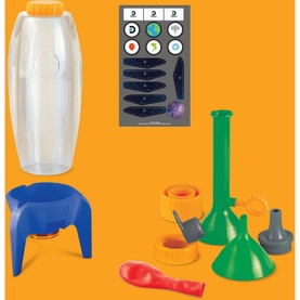 FAO Schwarz Rocket Ship Reaction Chamber science toy set with clear chamber, coloured funnels, stands, balloon and instruction card