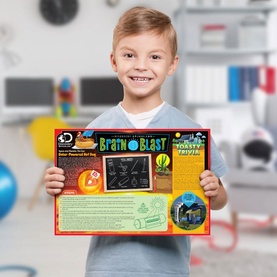 Child holding FAO Schwarz Discovery Mindblown Brain Blast science activity playset box with colourful educational graphics