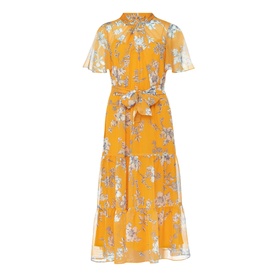 Phase Eight Emmalyn Tiered Georgette Dress in yellow floral print, short flutter sleeves, self-tie belt, tiered midi length