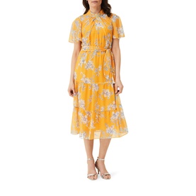 Model wearing Phase Eight Emmalyn Tiered Georgette Dress in yellow floral print, midi length, short sleeves, styled with strappy heeled sandals
