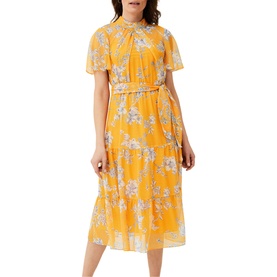 Model wearing Phase Eight Emmalyn Tiered Georgette Dress in yellow floral print, midi length with flutter sleeves and tie waist