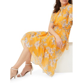 Model wearing Phase Eight Emmalyn Tiered Georgette Dress in yellow floral print, midi length, short sleeves, with silver strappy heels