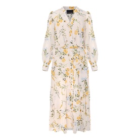 Phase Eight Lucie Floral Maxi Shirt Dress in cream with yellow floral print, long sleeves, V-neck, button front, and cinched waist
