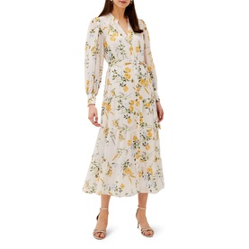 Model wearing Phase Eight Lucie Floral Maxi Shirt Dress in multi, long-sleeve V-neck with button front, cinched waist, yellow floral print