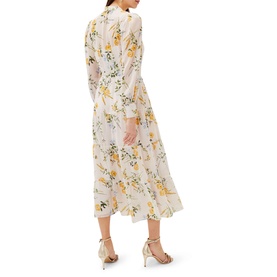 Model wearing Phase Eight Lucie Floral Maxi Shirt Dress in multi, long sleeve, semi sheer with yellow floral print, styled with strappy heels