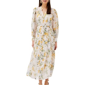 Model wearing Phase Eight Lucie Floral Maxi Shirt Dress in multi, long sleeve V-neck with yellow floral print and cinched waist